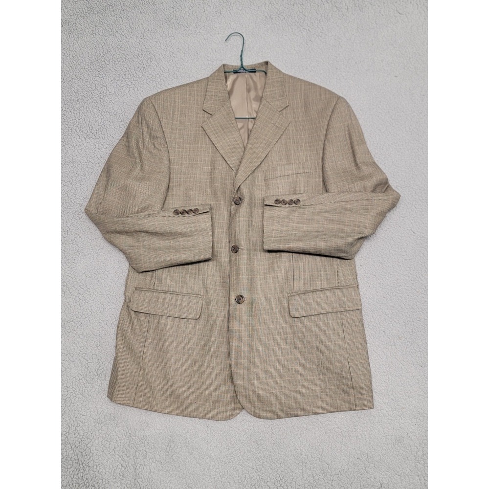 Chaps Blazer Mens 44R Taupe Checked Wool Single Vent‎ Officecore Business